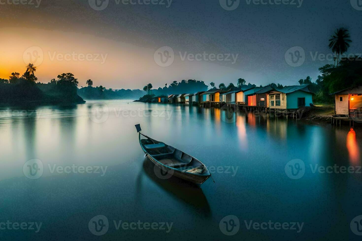 a boat sits on the water at sunset. AI-Generated photo