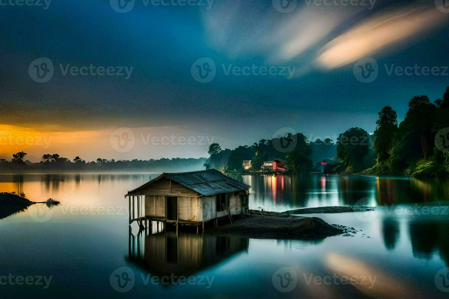 a small house sits on the shore of a lake at sunset. AI-Generated photo