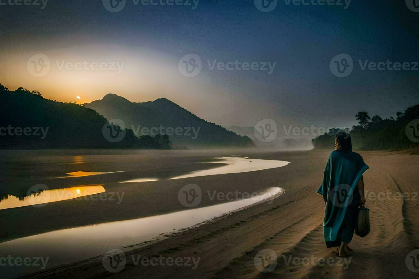 a man walking along the beach at sunrise. AI-Generated photo