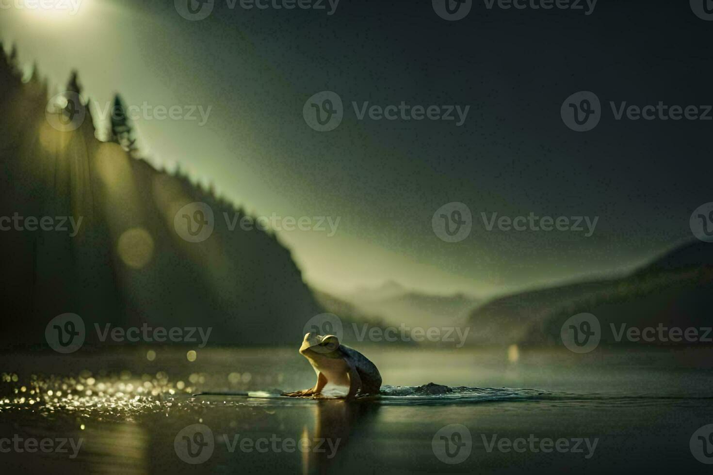 a frog standing in the water at night. AI-Generated photo
