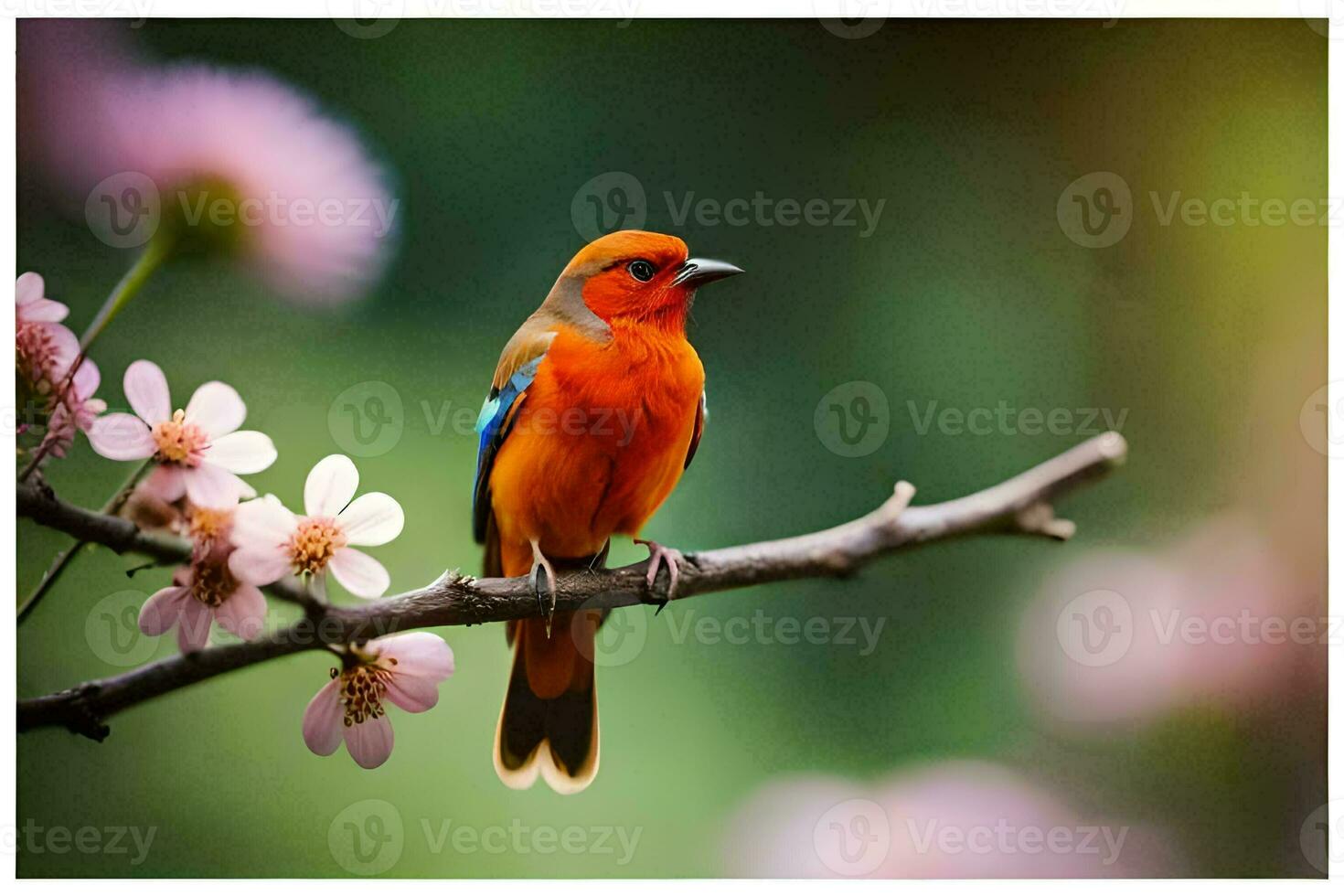 a colorful bird sits on a branch with pink flowers. AI-Generated photo