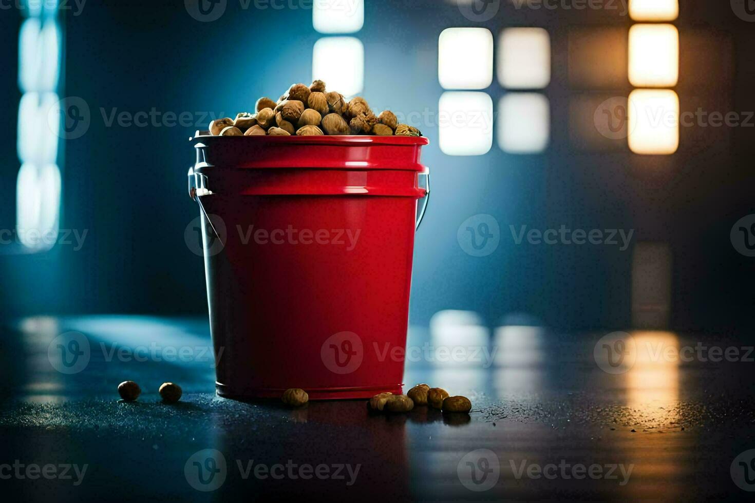 a red bucket filled with peanuts on a table. AI-Generated photo