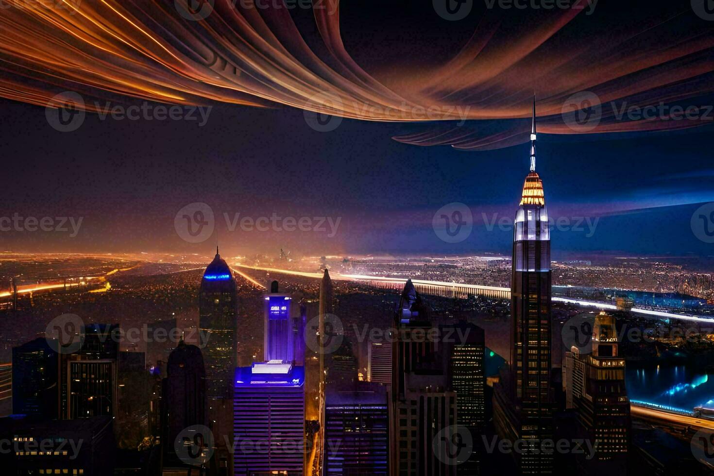 the city skyline at night with light trails. AI-Generated photo