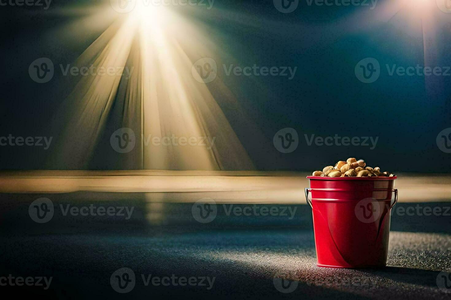 a bucket of popcorn on a dark floor with bright lights. AI-Generated photo