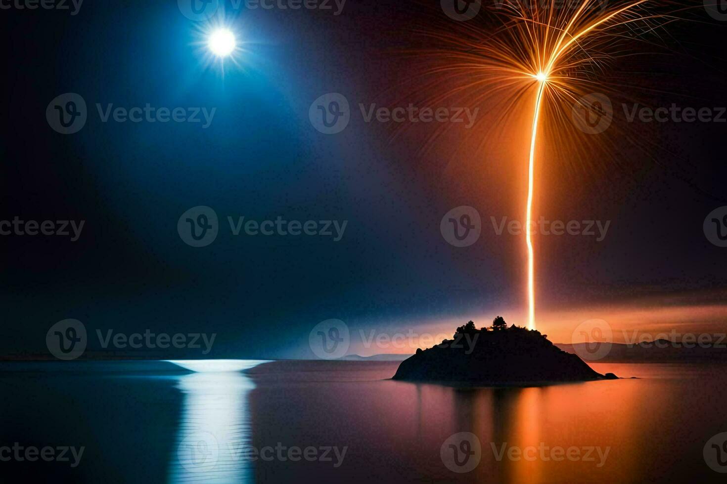 fuegos artificiales terminado un pequeño isla en el océano. generado por ai foto