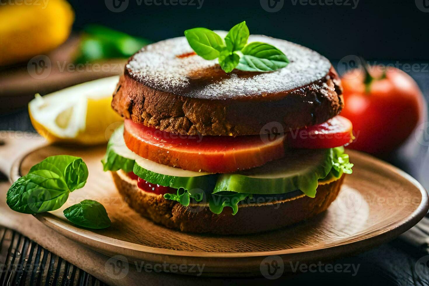 a sandwich with tomatoes, lettuce and cheese on a wooden plate. AI-Generated photo