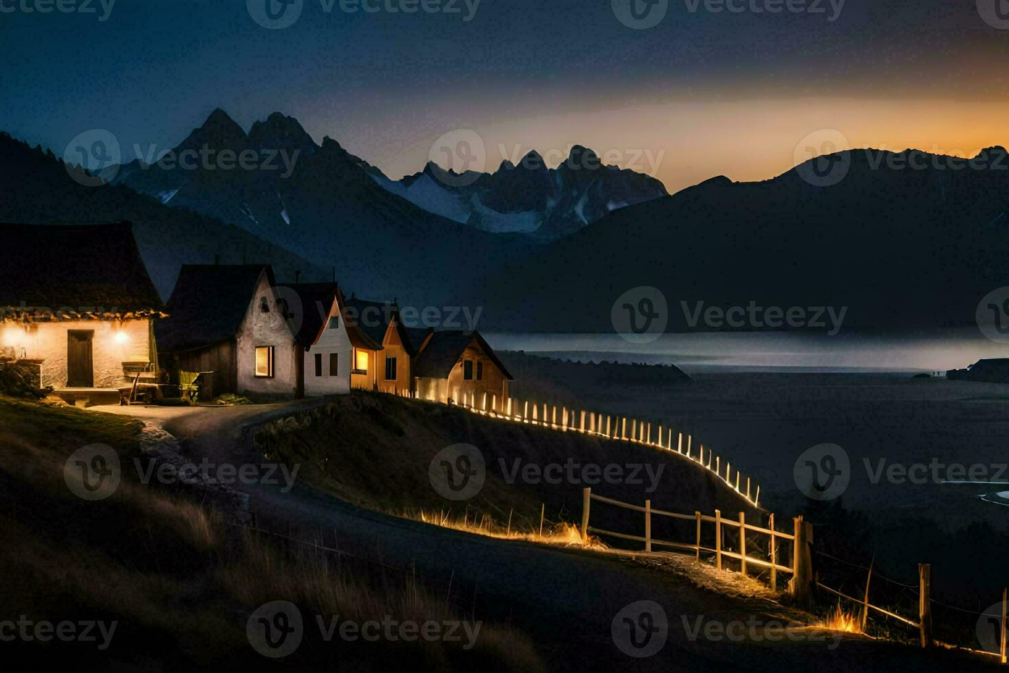 a house on a hill with a mountain in the background. AI-Generated photo