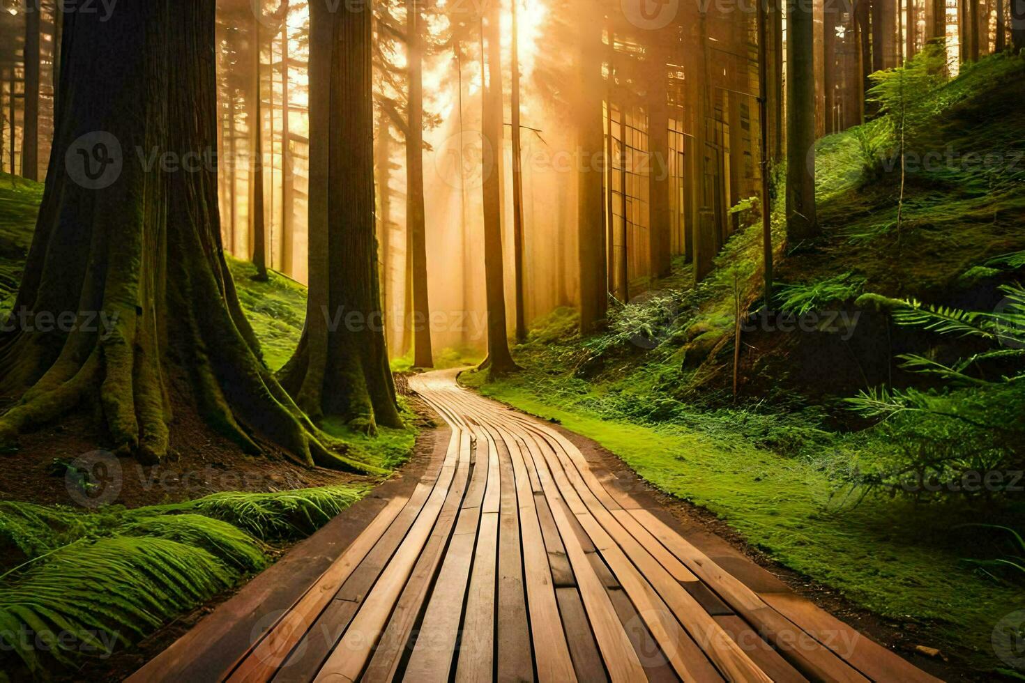 a wooden path in the forest with sunlight shining through the trees. AI-Generated photo