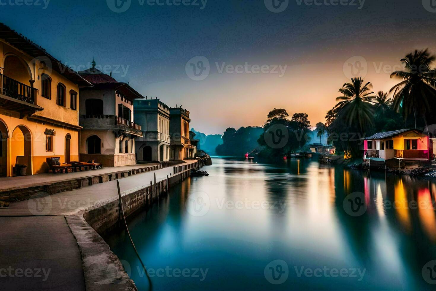 un río en el medio de un pueblo a puesta de sol. generado por ai foto