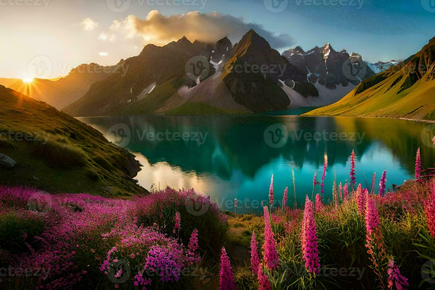 the sun rises over a lake and purple flowers in the foreground. AI-Generated photo