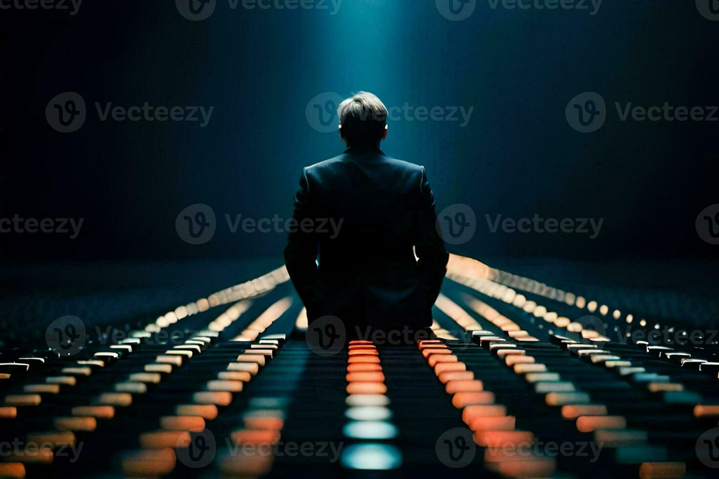 a man in a suit sits on a row of lights. AI-Generated photo