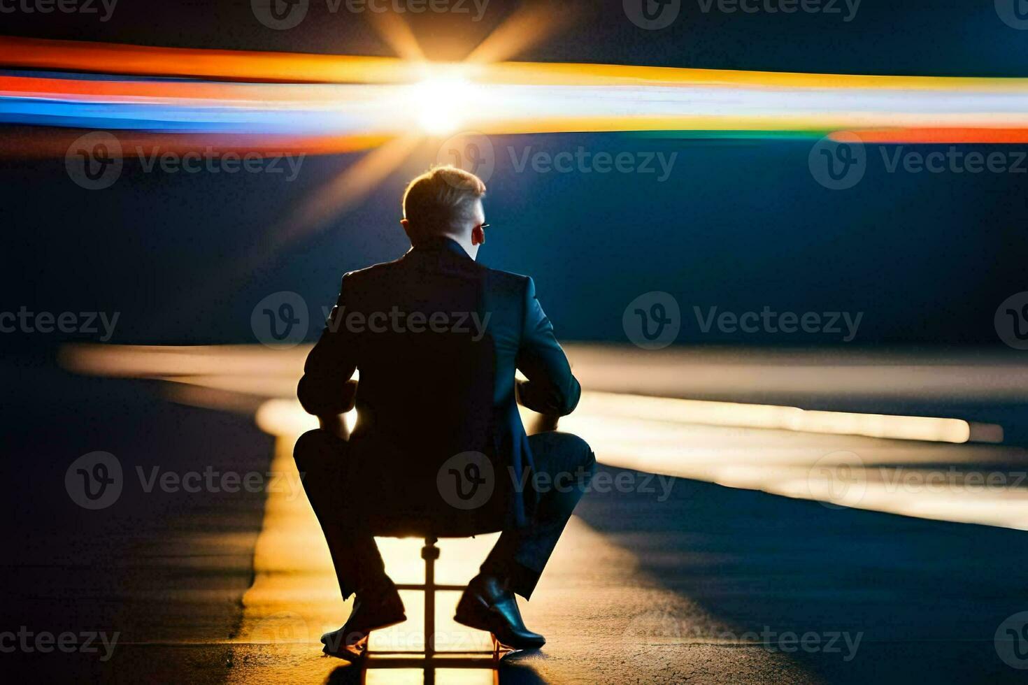 a man sitting on a chair in front of a light. AI-Generated photo