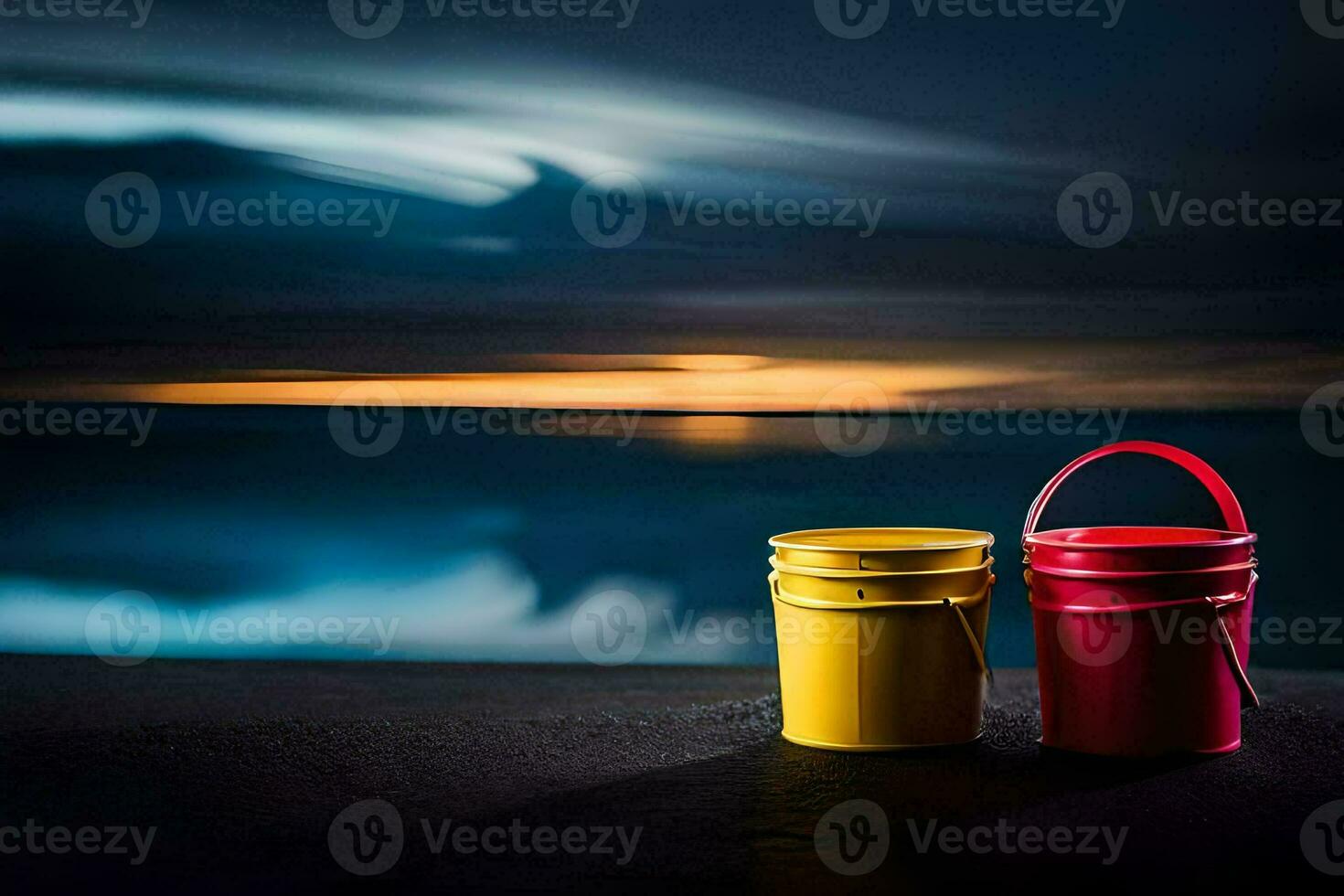 two buckets sit on the beach at sunset. AI-Generated photo