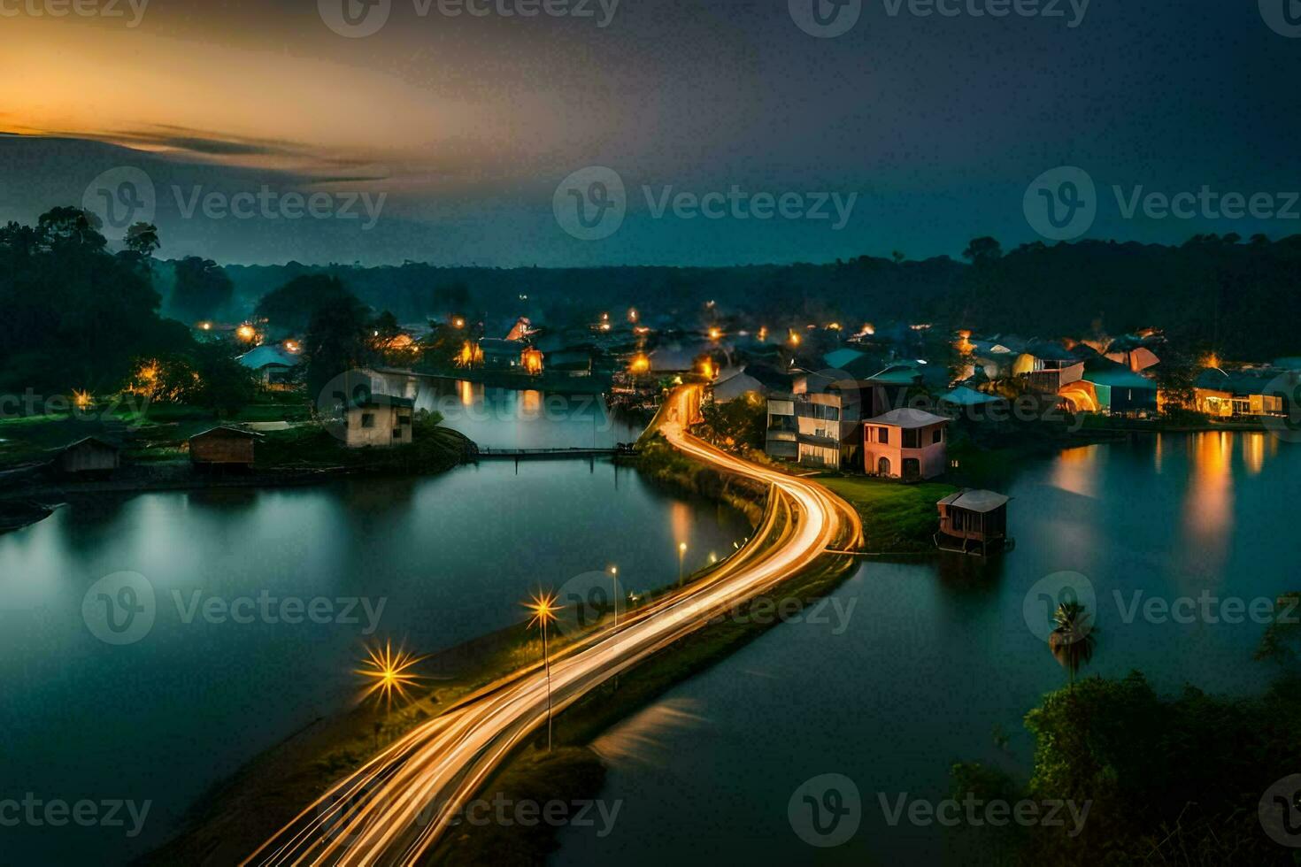 a long exposure photograph of a town and river at night. AI-Generated photo
