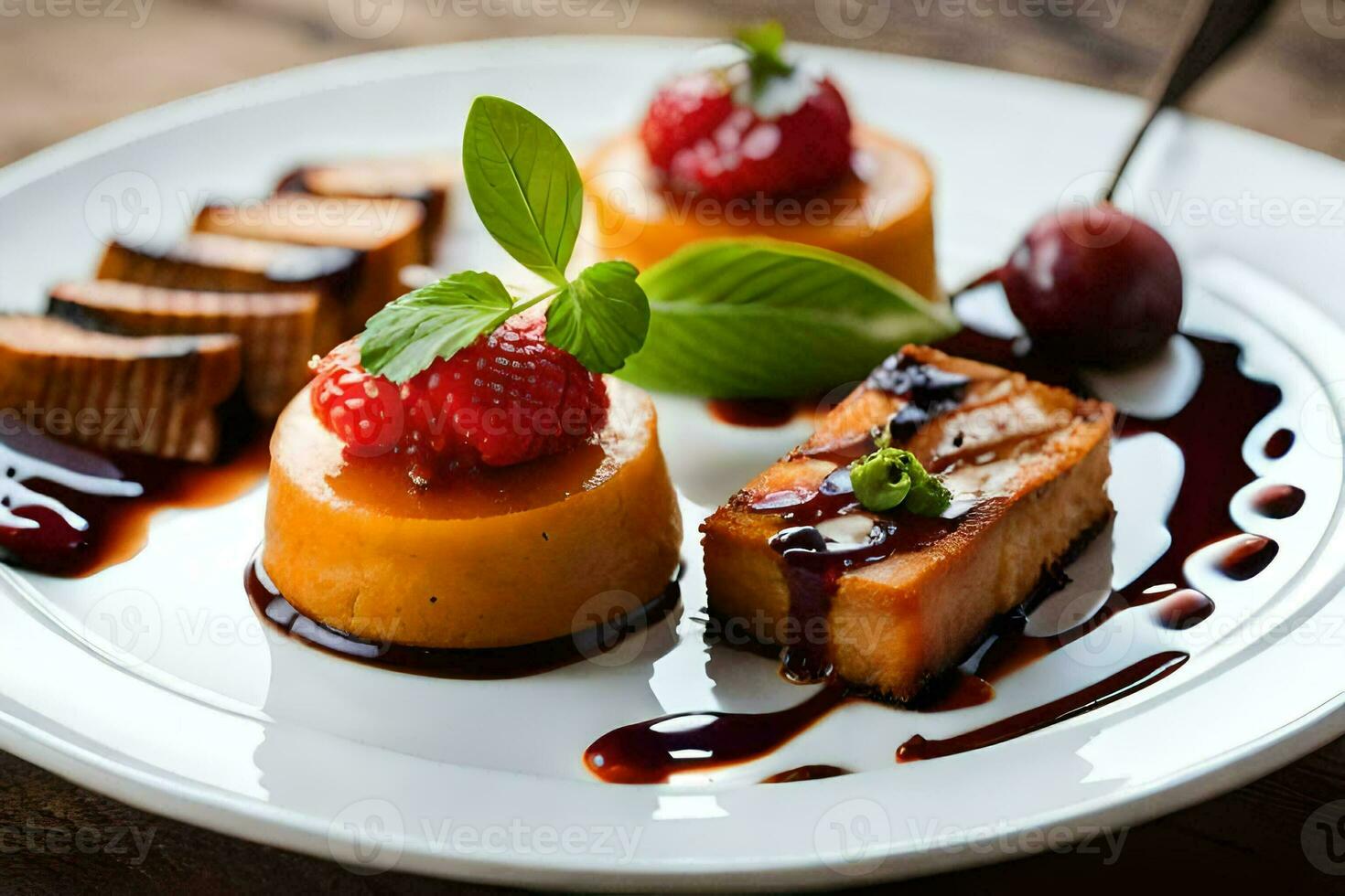 a plate with dessert and fruit on it. AI-Generated photo
