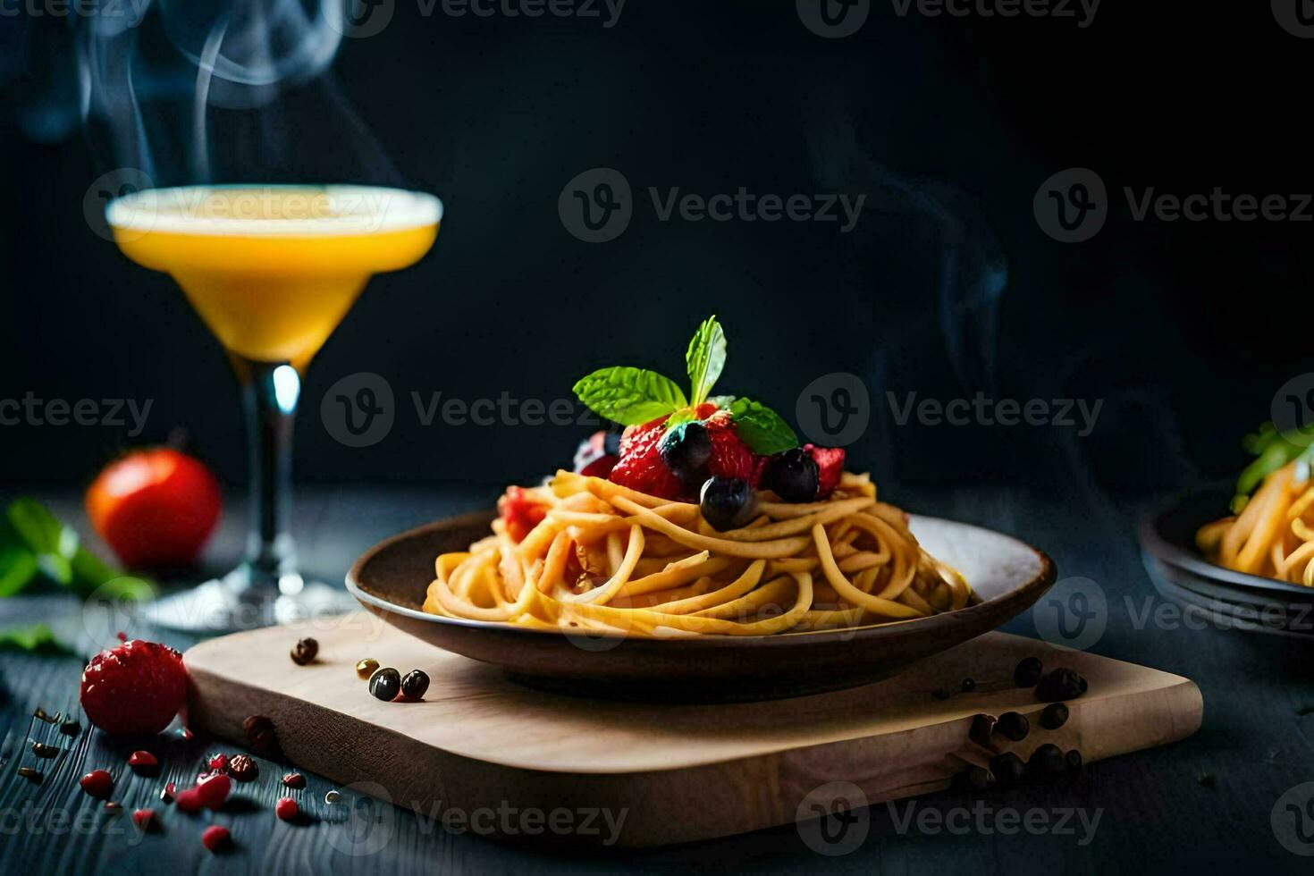 spaghetti with tomato sauce and fresh berries on a wooden table. AI-Generated photo
