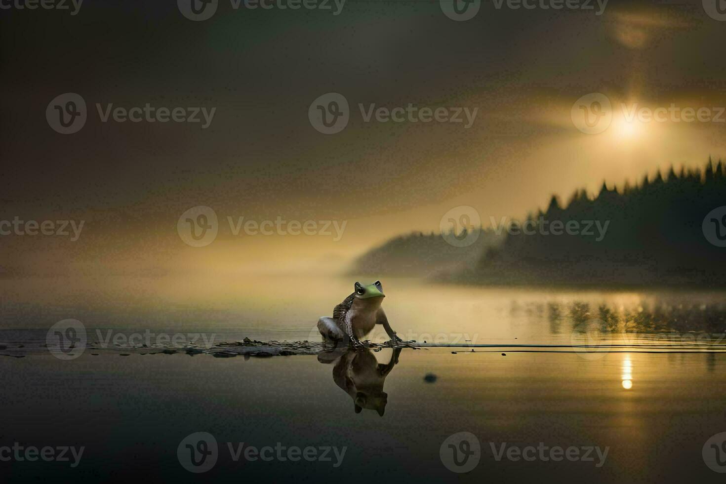 a dog sitting on the shore of a lake at sunrise. AI-Generated photo