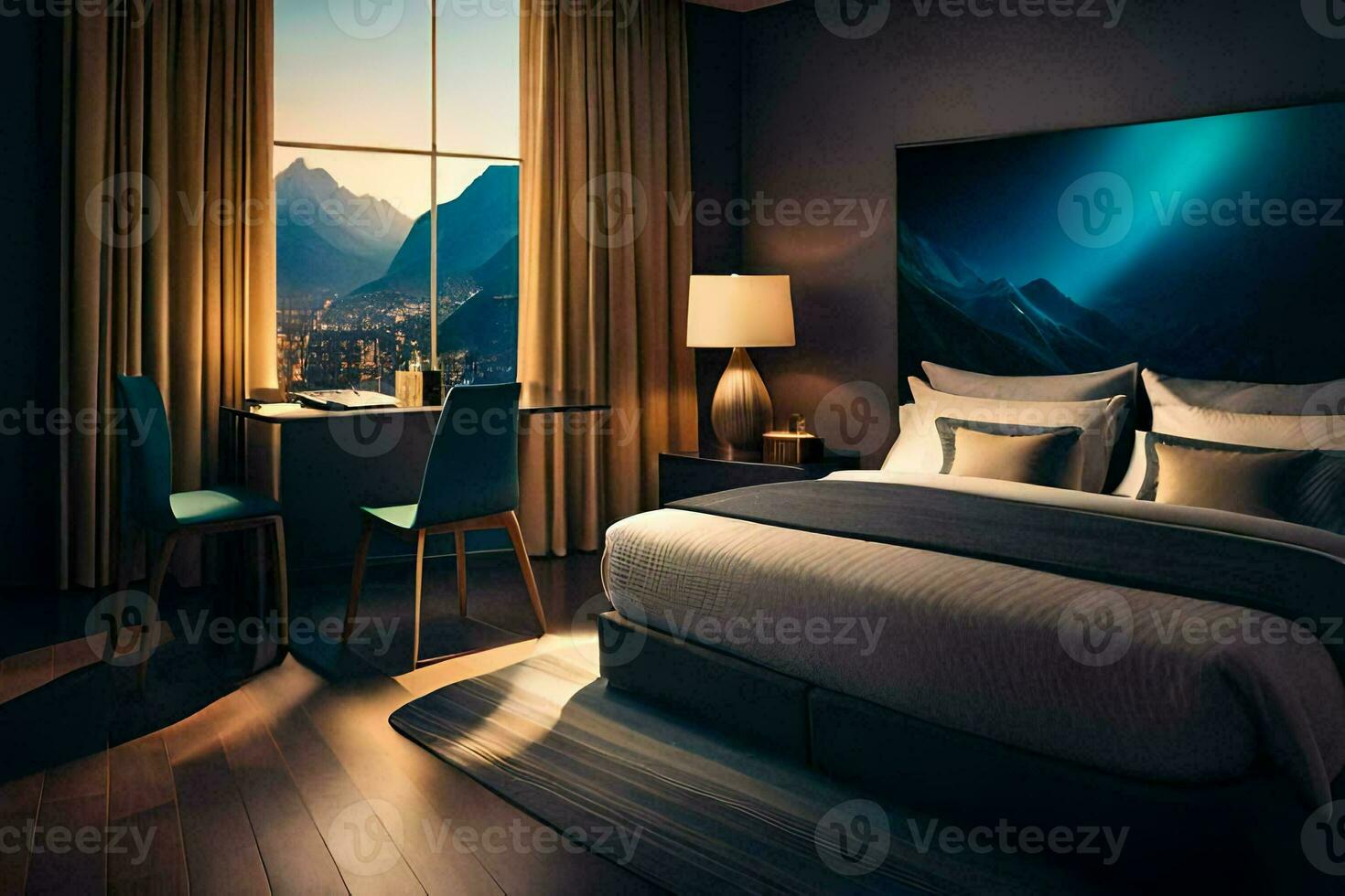 a hotel room with a bed, desk and window overlooking the mountains. AI-Generated photo