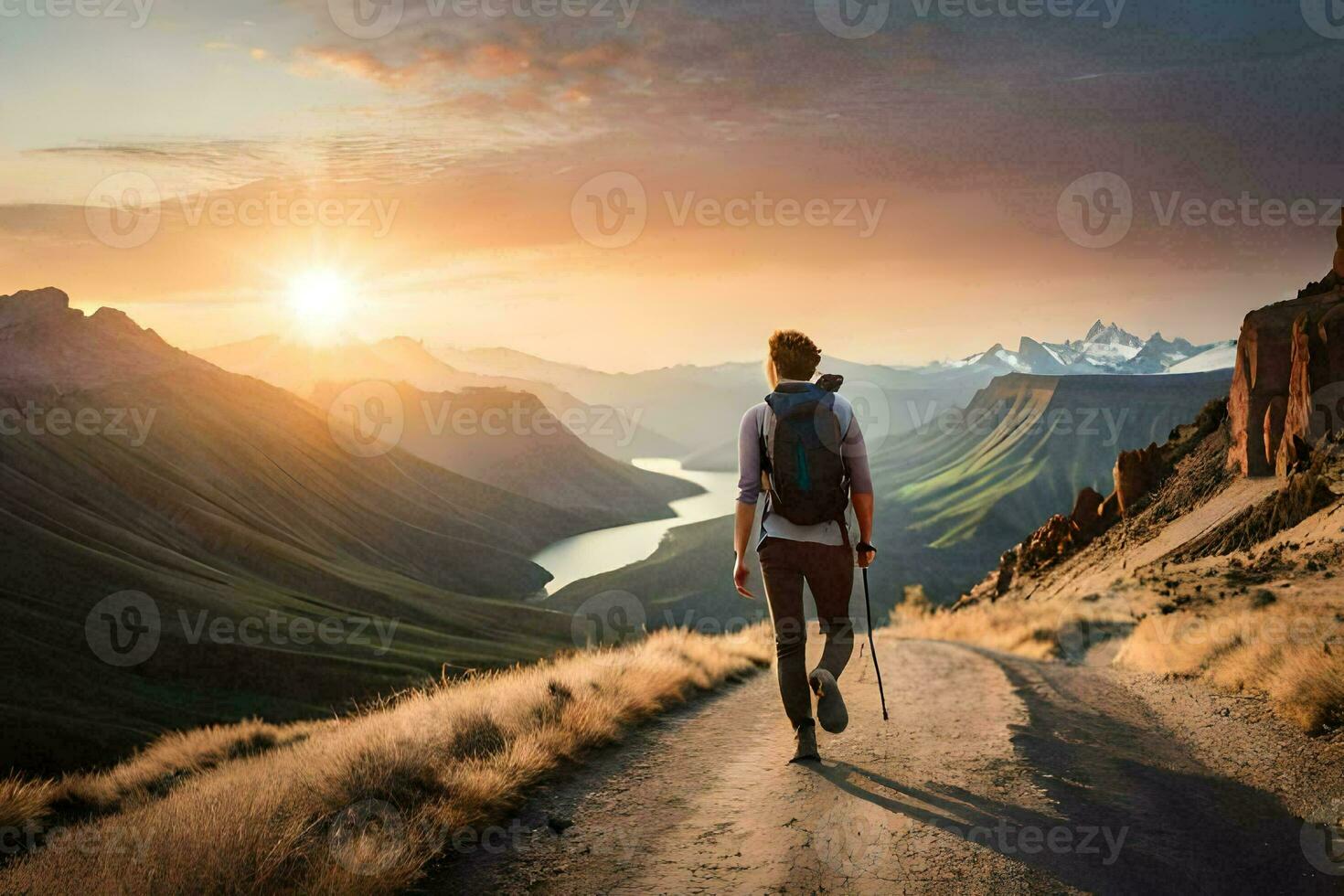 a man with a backpack walks on a road in the mountains. AI-Generated photo