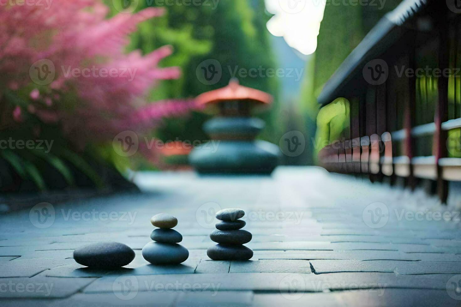 stones are placed on the ground in front of a building. AI-Generated photo
