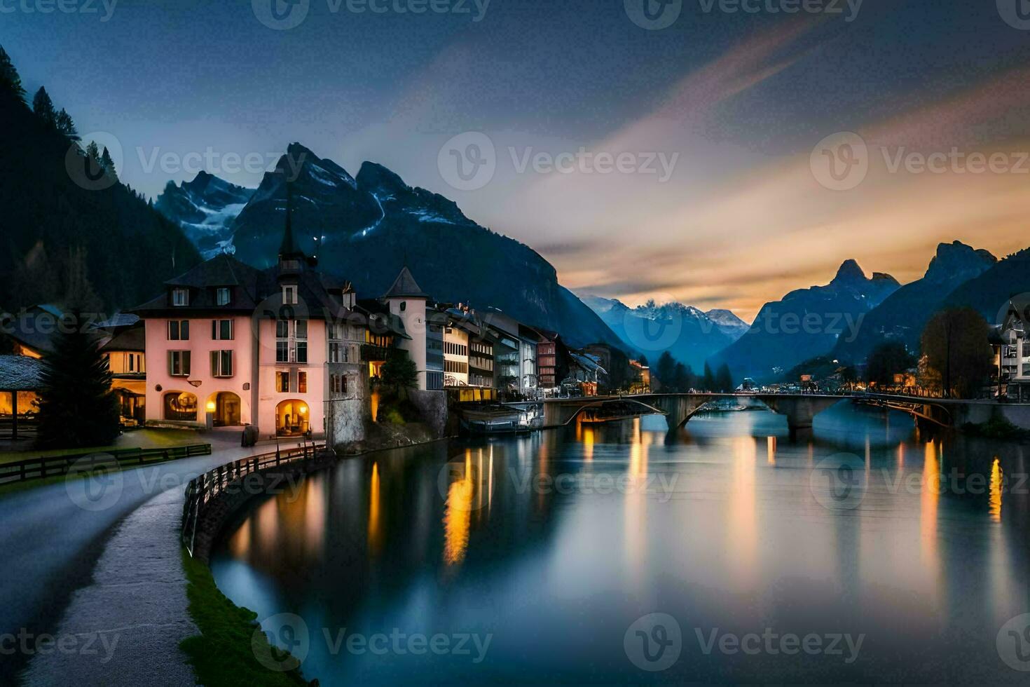 photo wallpaper the sky, mountains, river, house, town, bridge, bridge, river,. AI-Generated