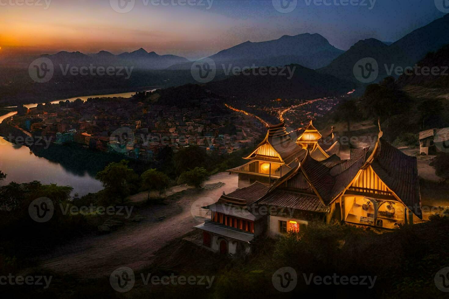 the sunset over a village in laos. AI-Generated photo