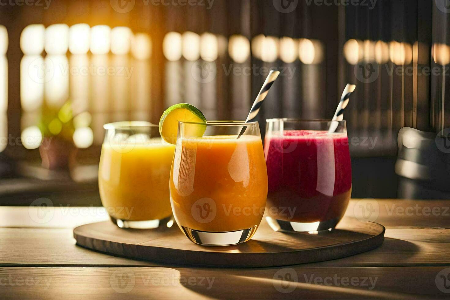 three different types of juice on a wooden table. AI-Generated photo