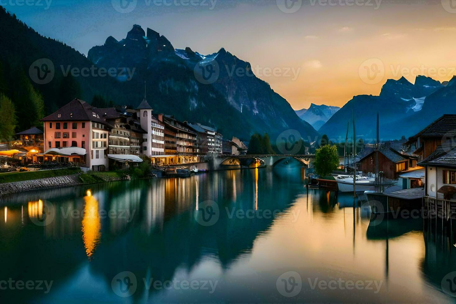 a river runs through a town at sunset. AI-Generated photo