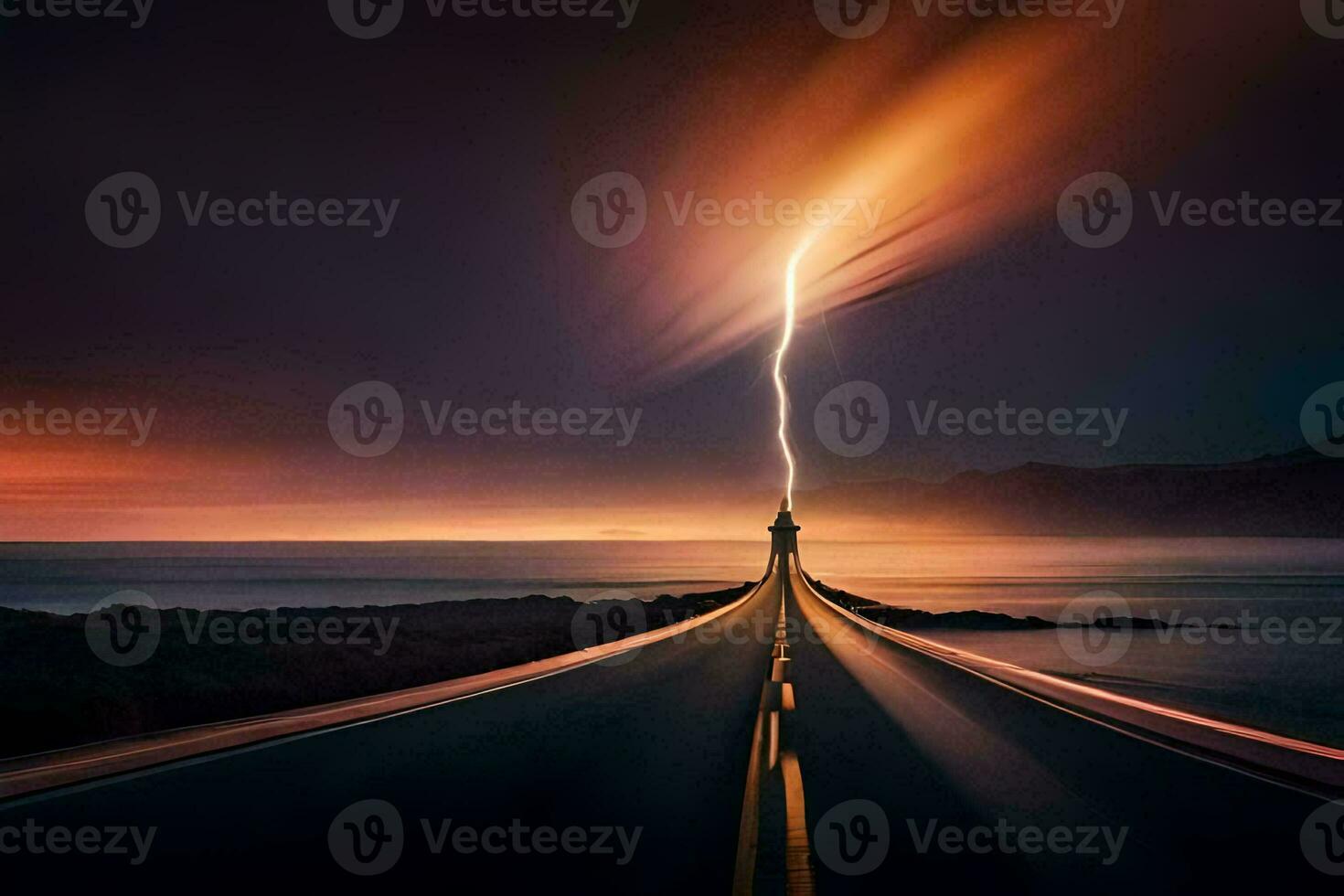 a lightning bolt is shooting through the sky over a road. AI-Generated photo