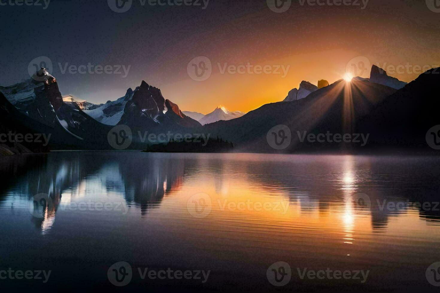 the sun rises over a mountain range and lake. AI-Generated photo