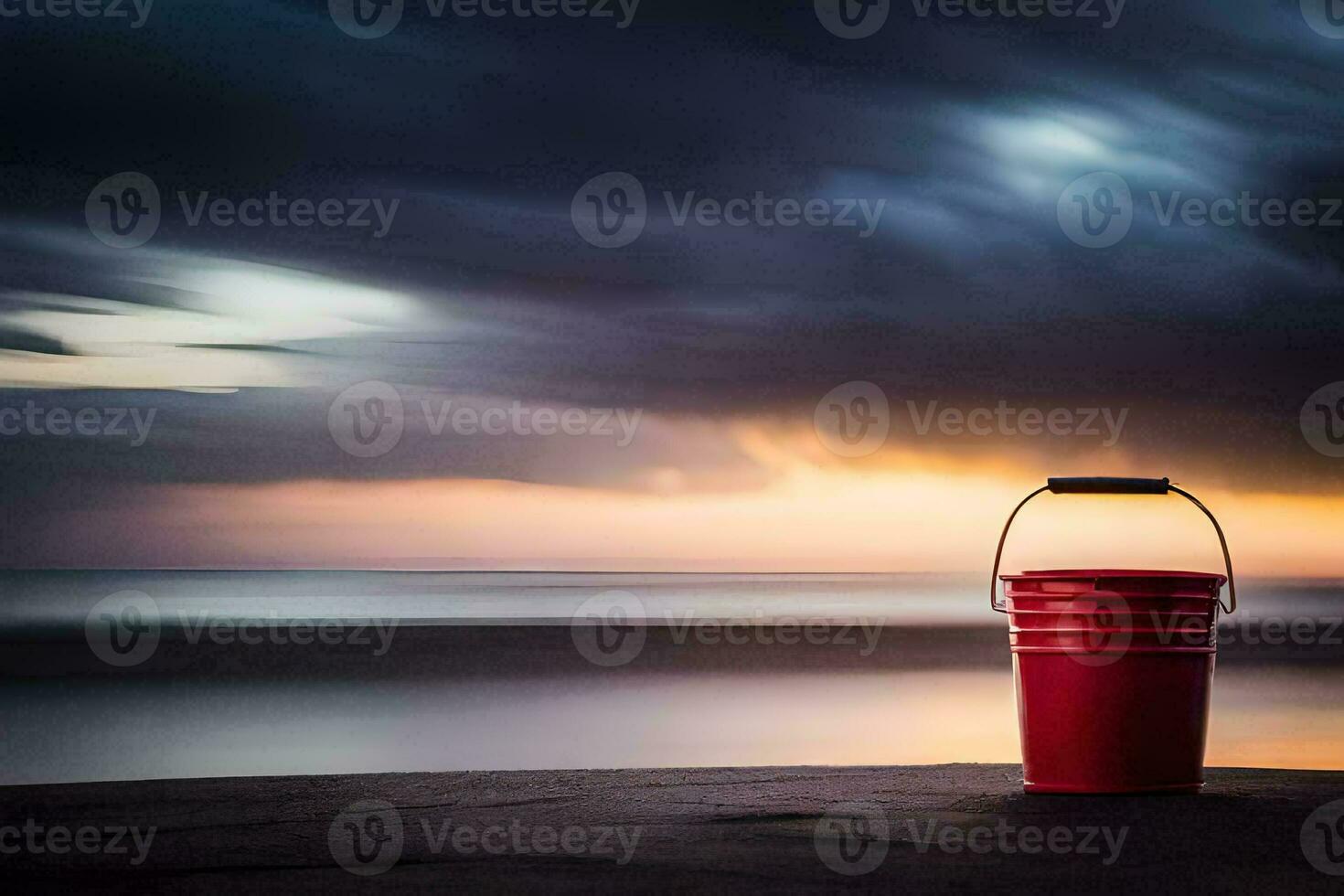 a red bucket sits on the beach at sunset. AI-Generated photo