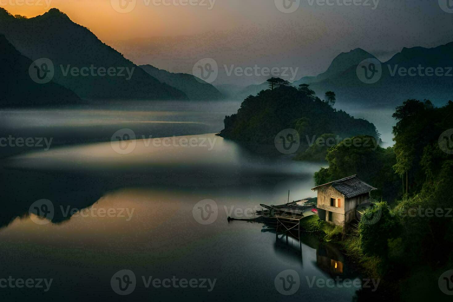 a small house sits on the edge of a lake at sunrise. AI-Generated photo
