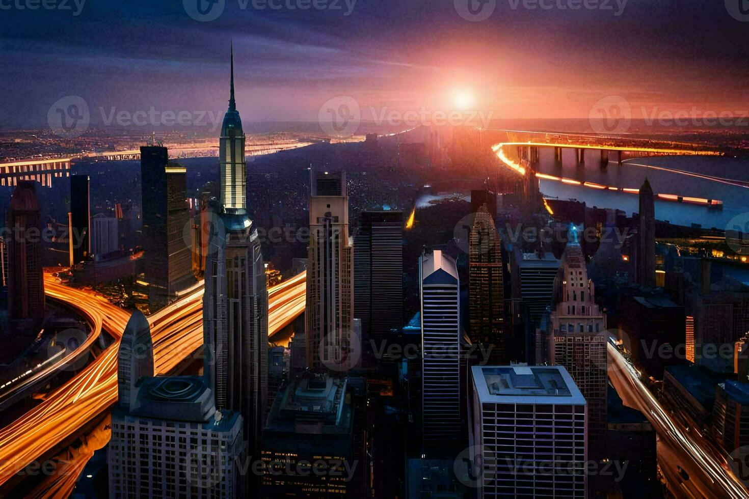 the sun rises over the city skyline at night. AI-Generated photo