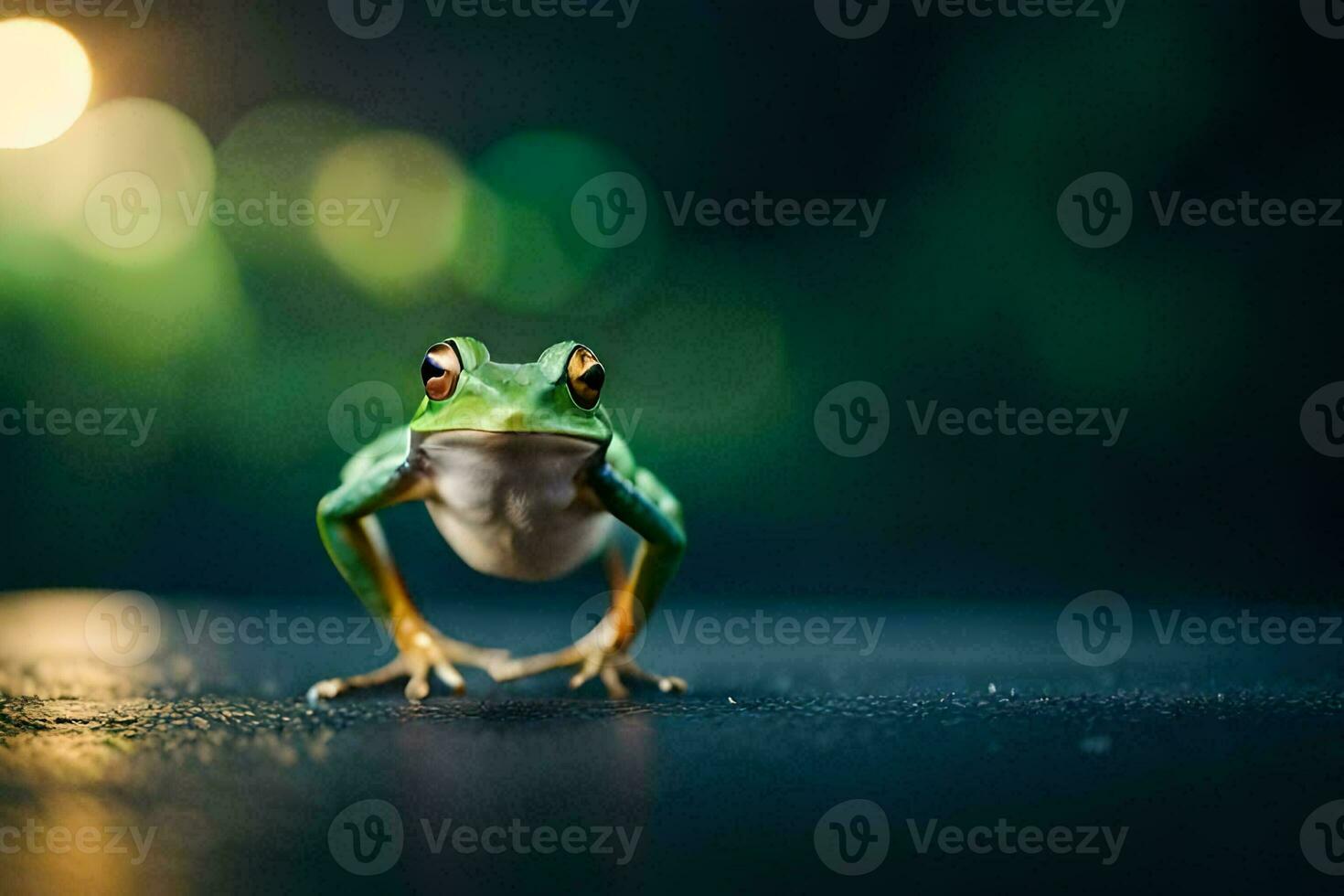 a frog is standing on the ground with a blurry background. AI-Generated photo