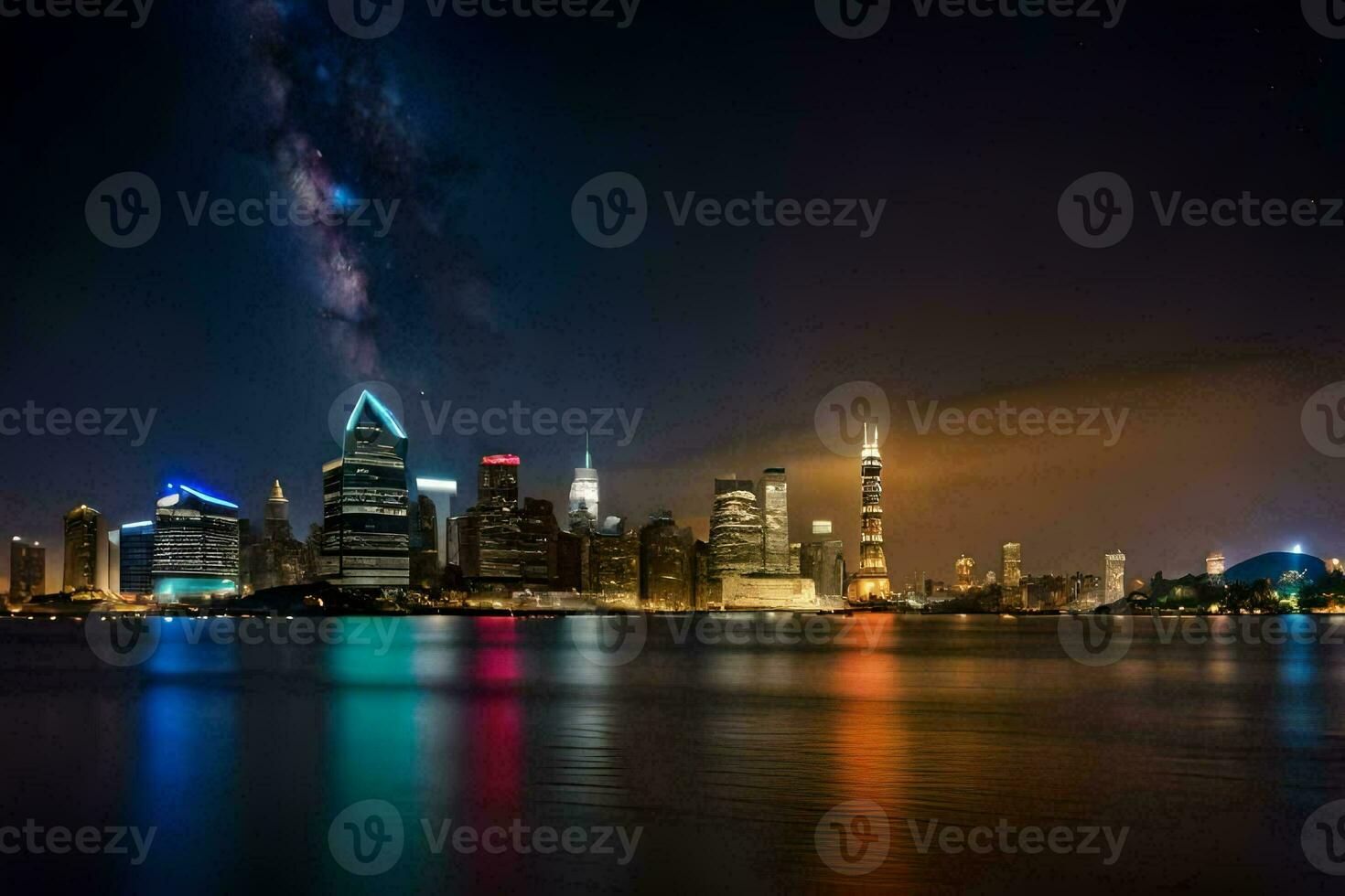 the city skyline at night with the milky in the sky. AI-Generated photo