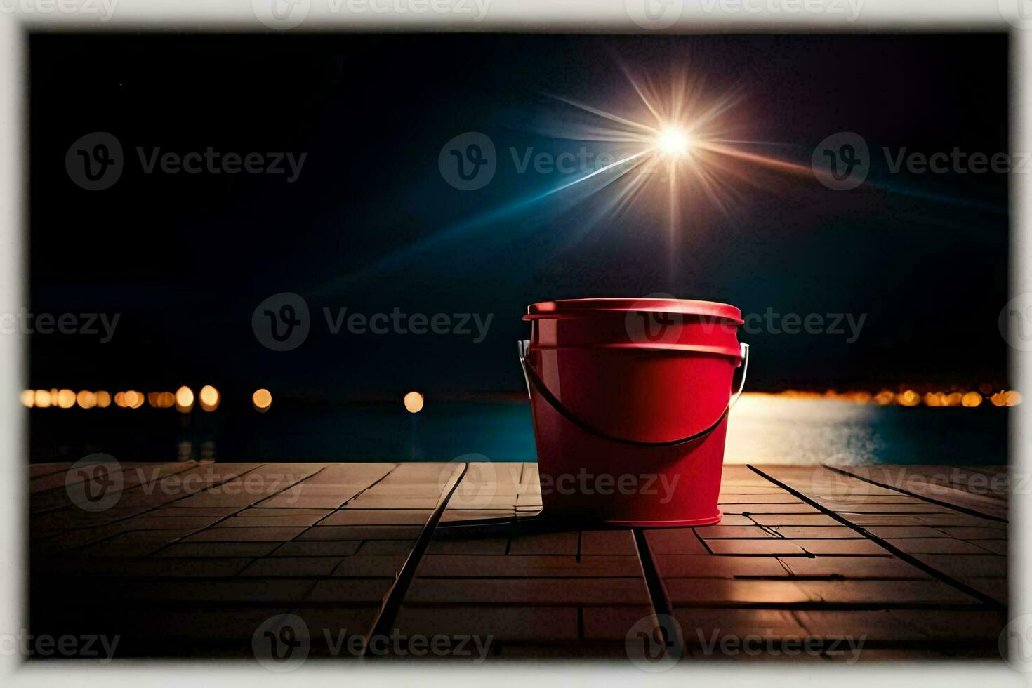 a red bucket sitting on a dock at night. AI-Generated photo