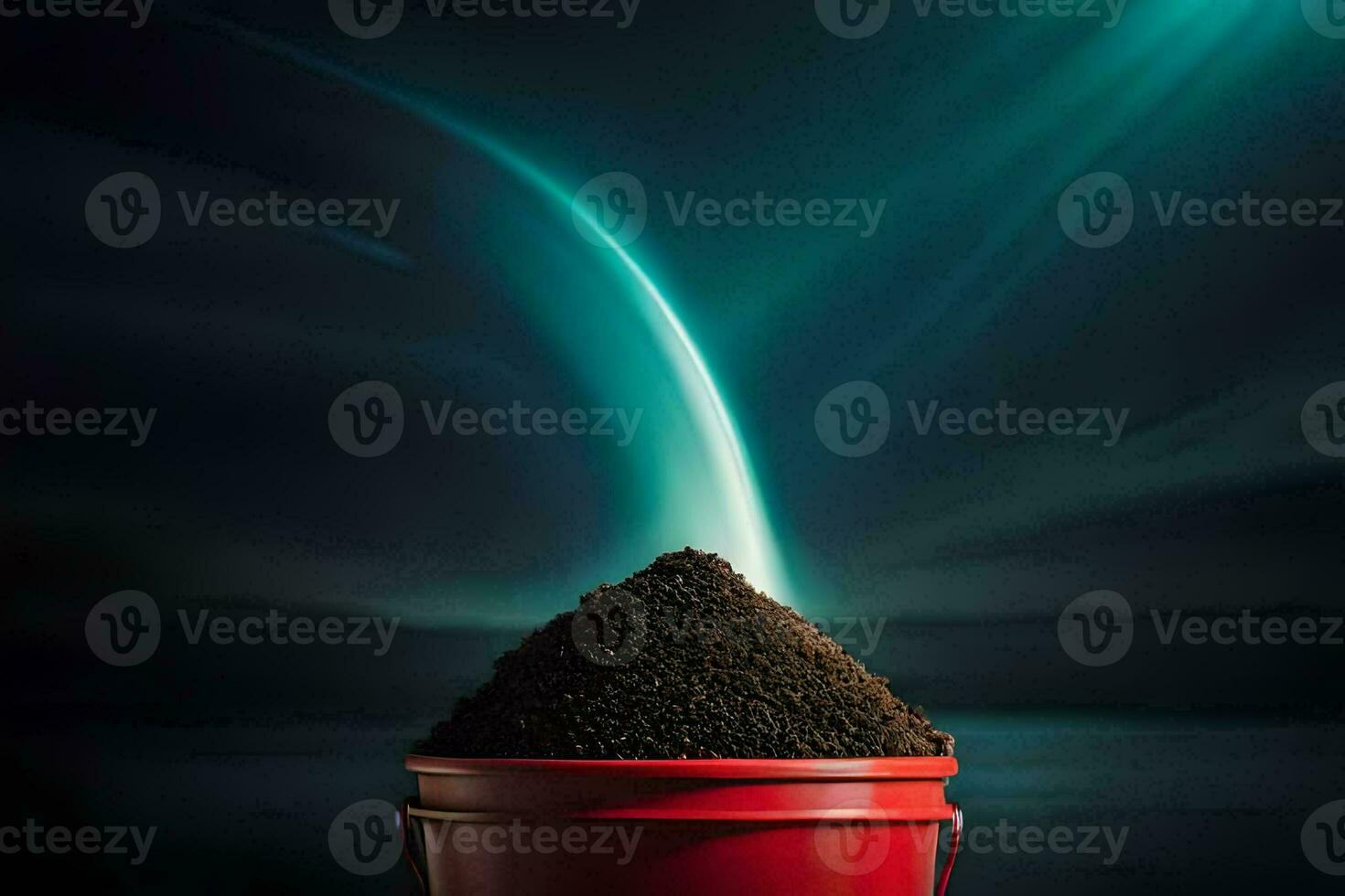 a red bucket filled with dirt and a light coming from it. AI-Generated photo