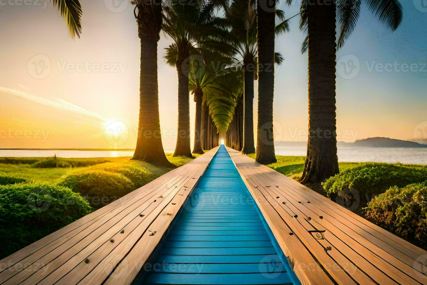 a wooden walkway leads to the ocean at sunset. AI-Generated photo