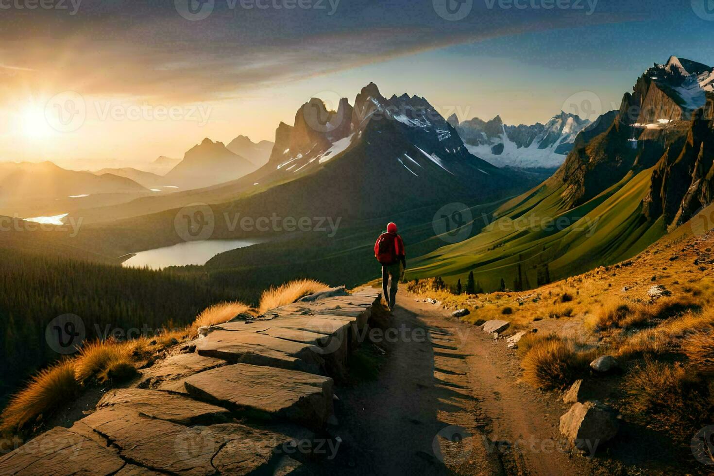 a man standing on a path in the mountains. AI-Generated photo