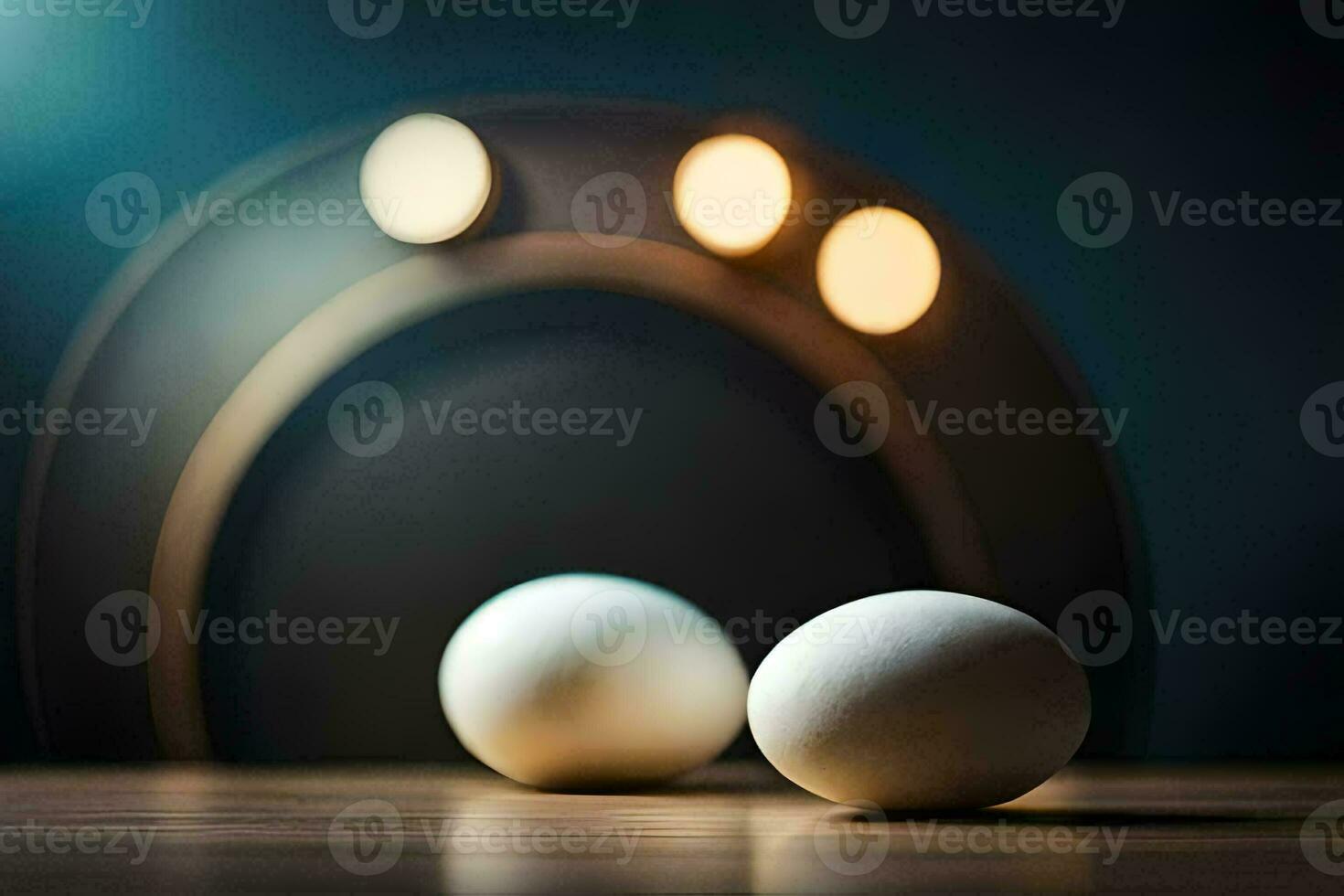 two eggs on a table with a light behind them. AI-Generated photo