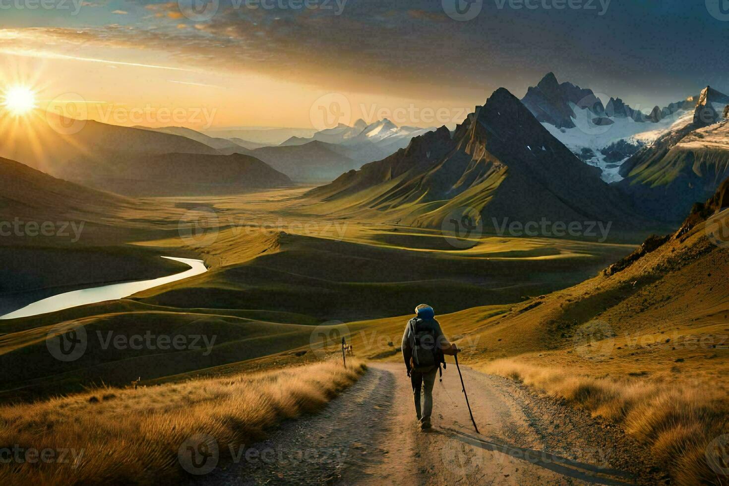 un persona caminando en un suciedad la carretera en el montañas. generado por ai foto