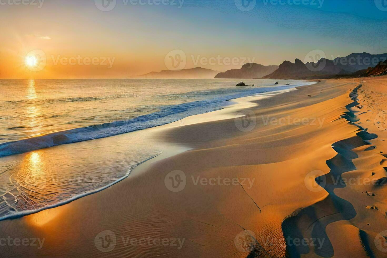 the sun sets over the ocean and sand. AI-Generated photo