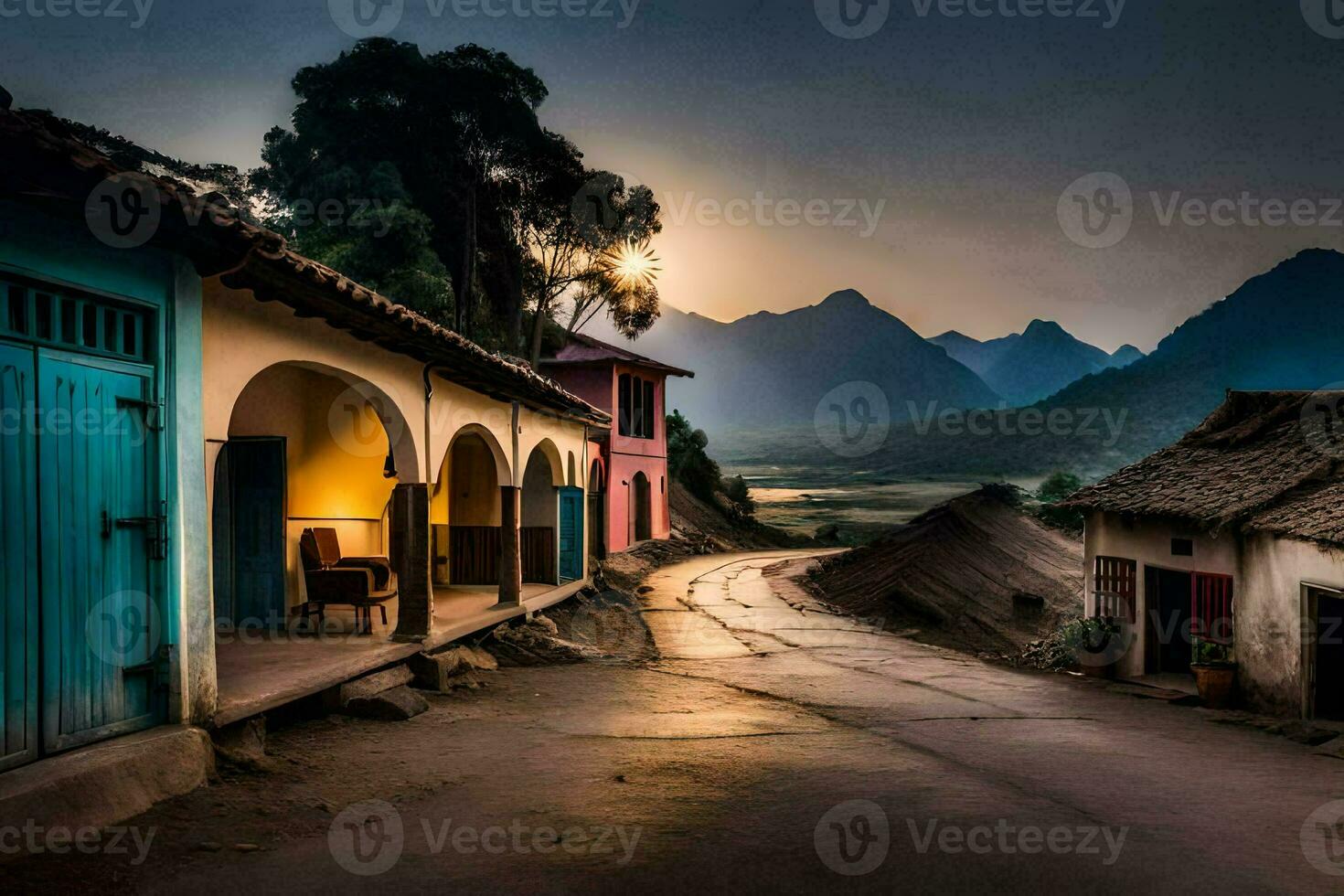 a road in the mountains with colorful houses. AI-Generated photo