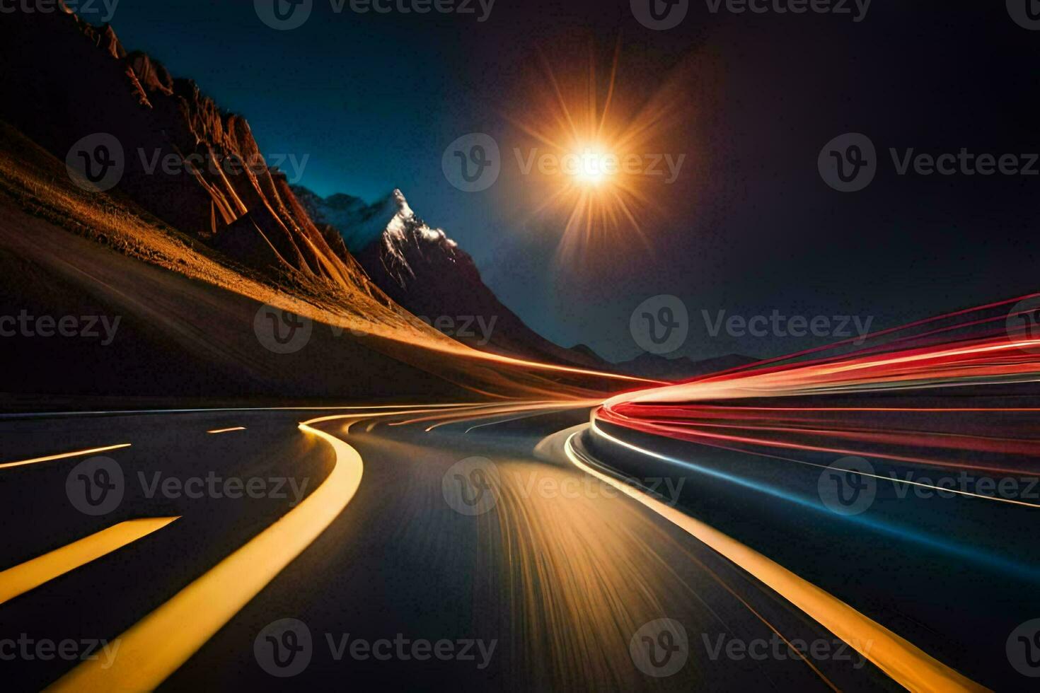 a long exposure photograph of a mountain road at night. AI-Generated photo