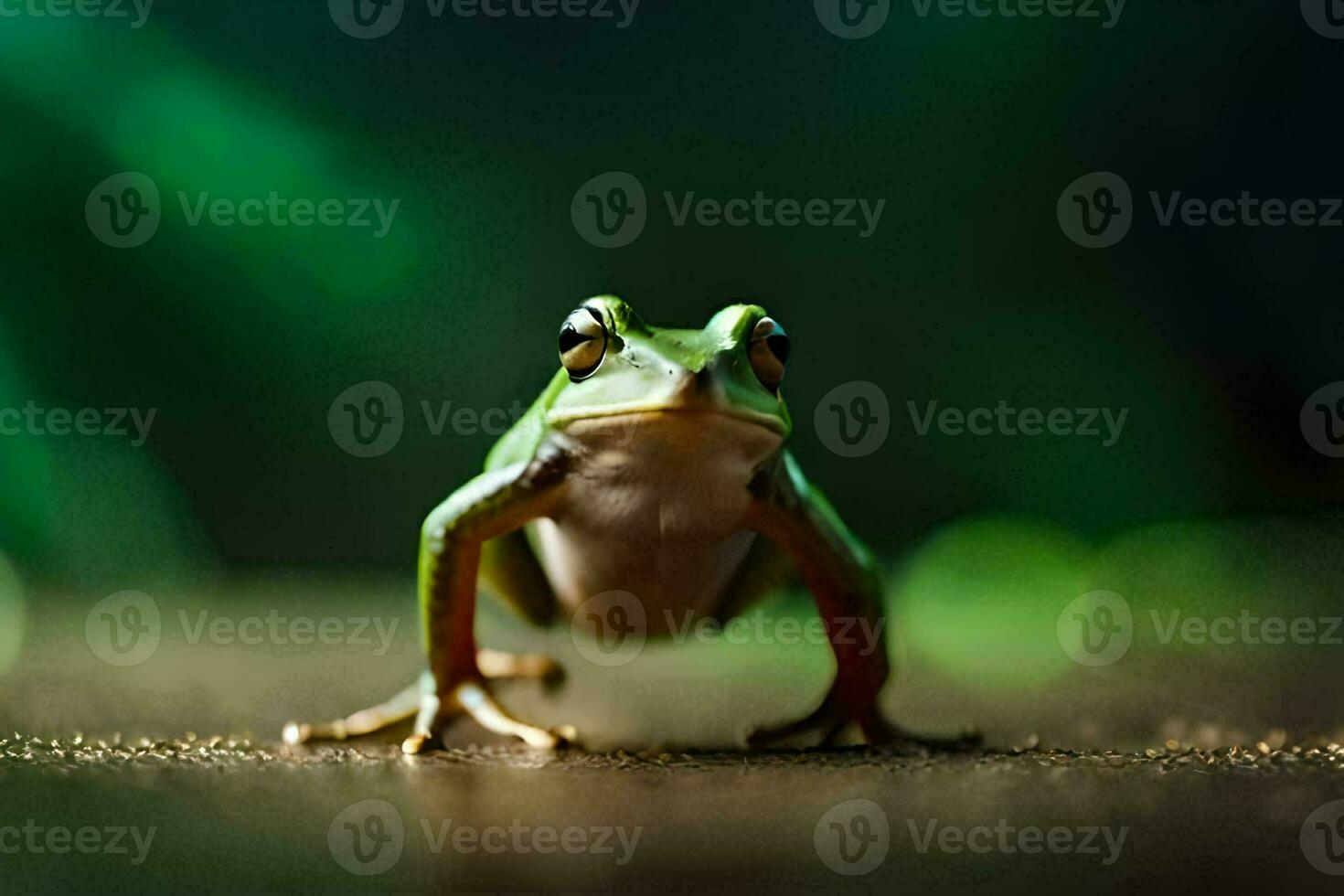 a frog is standing on the ground with its legs spread. AI-Generated photo