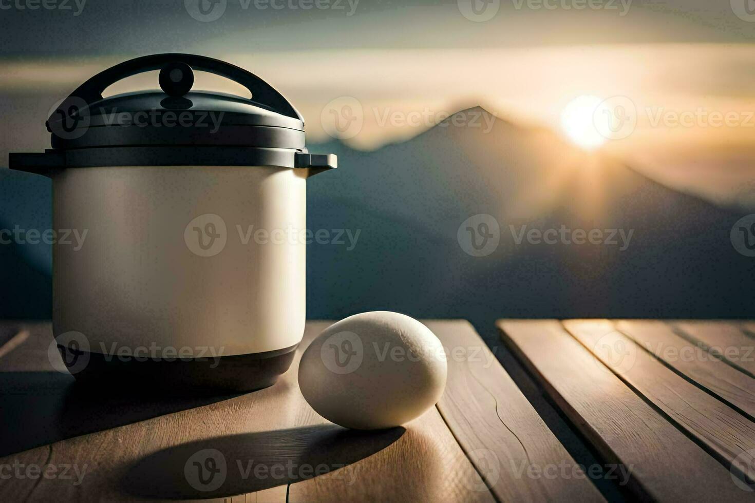 egg on a table with a pot and a ball. AI-Generated photo