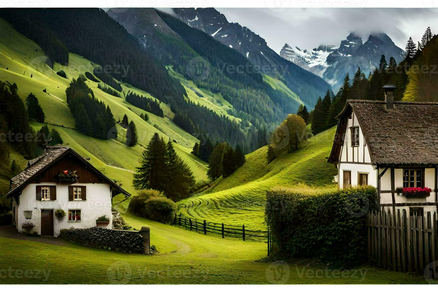 a house in the mountains with green grass and trees. AI-Generated photo