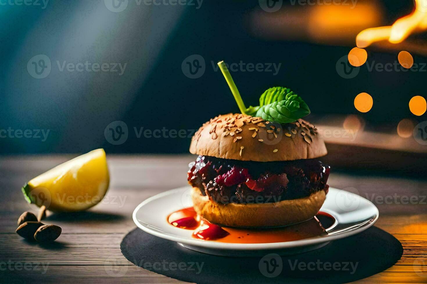 a hamburger with sauce and a lemon on a plate. AI-Generated photo