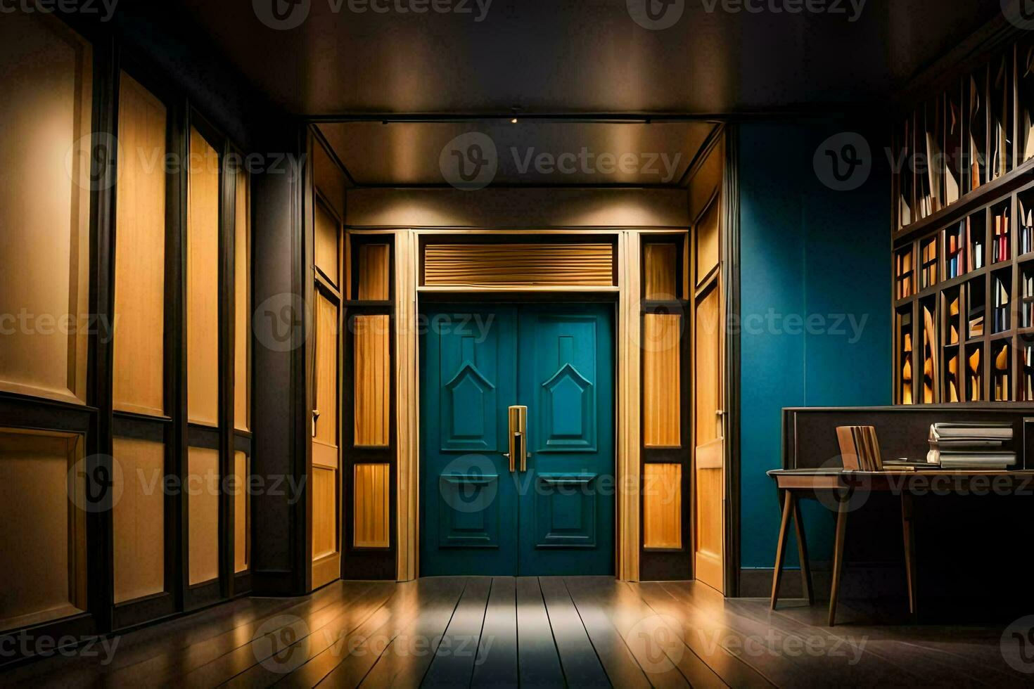 a hallway with a blue door and wooden floors. AI-Generated photo