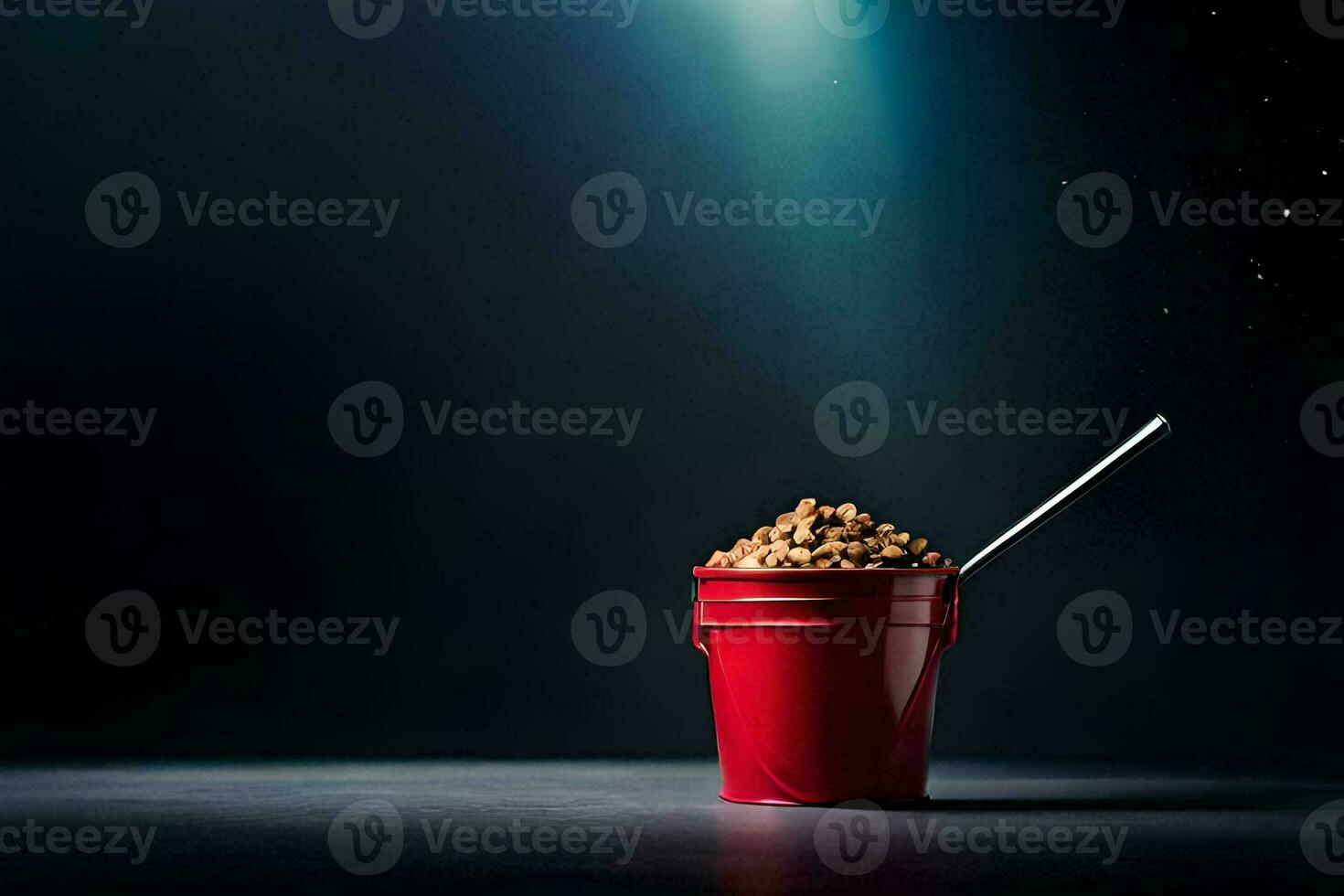 a red bucket filled with food and a straw. AI-Generated photo